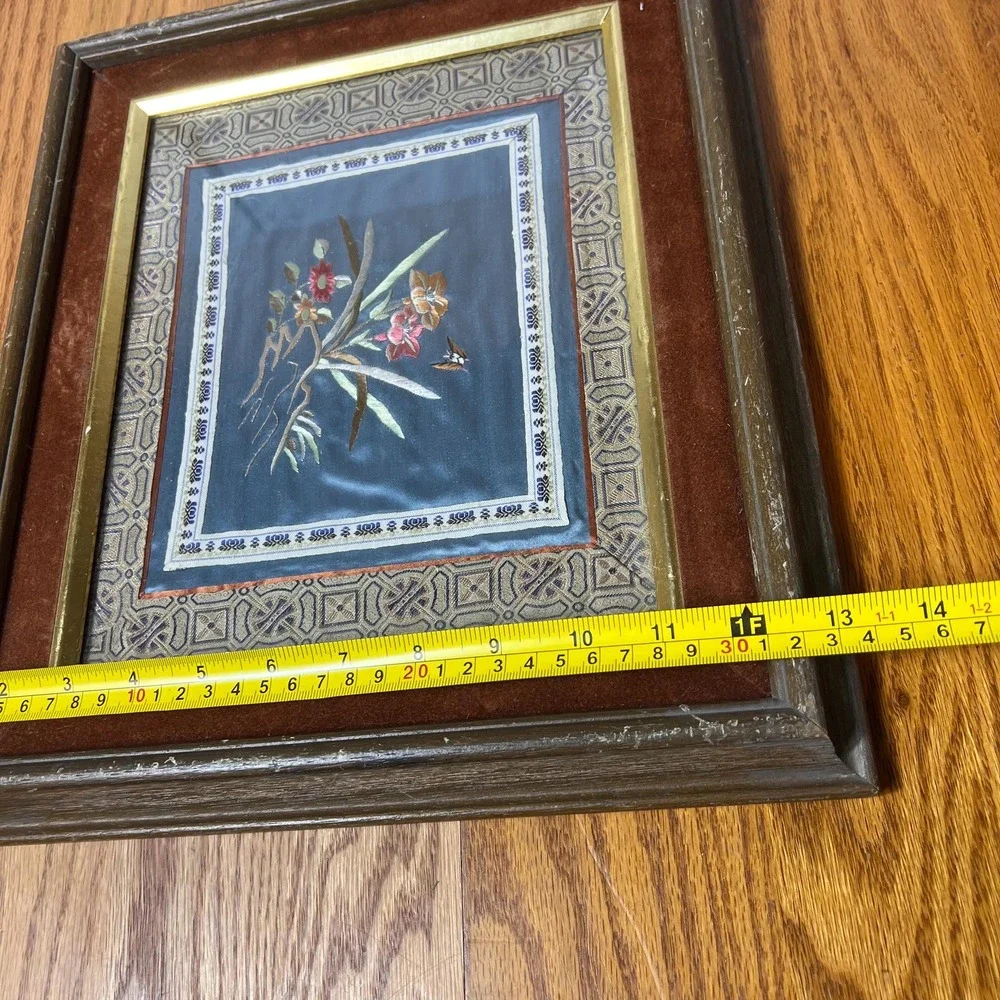 VTG Asian Silk Embroidery Framed Floral Bird Art Blue Silk Textile Wall Decor